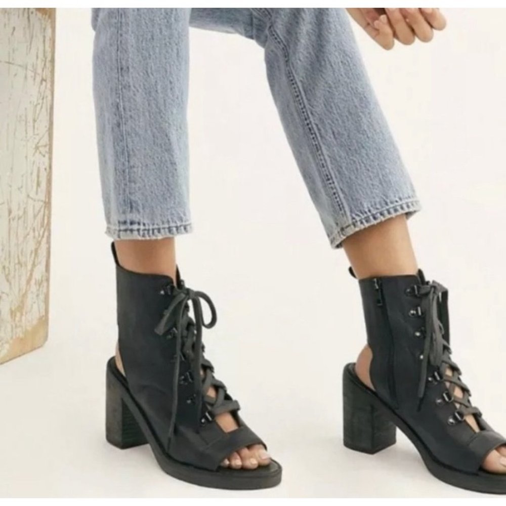 Free People City of Lights Black Leather Open-Toed Boots - Size 40